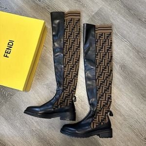 Fendi Knee High Fabric & Leather Logo F womens boots. Brown & Black. Size 39